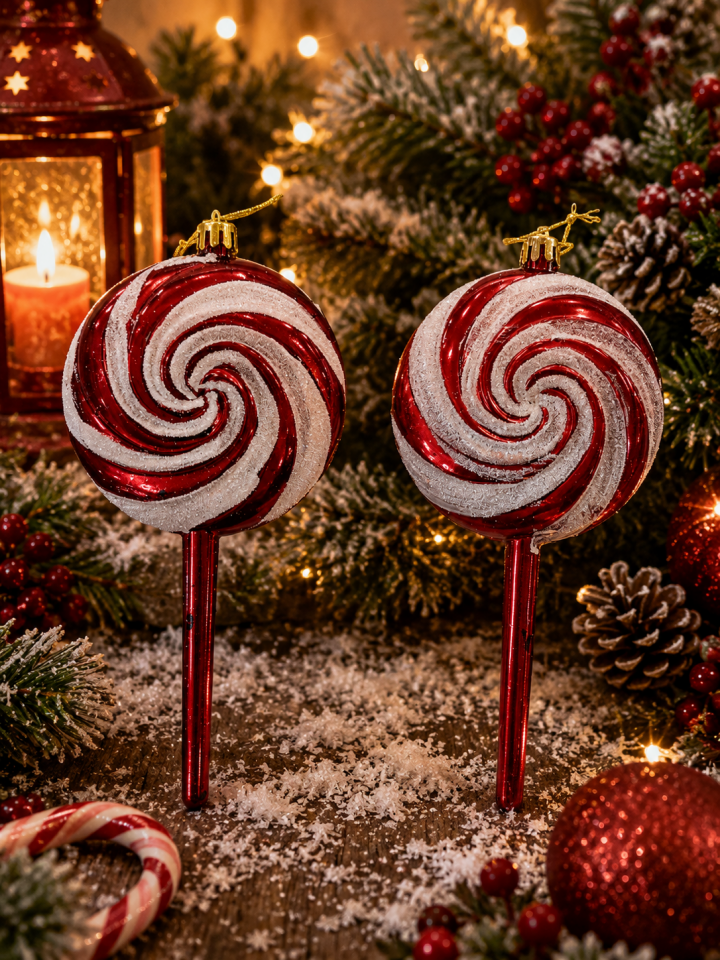 Parti Malzemesi Yılbaşı Lolipop Ağaç Süsü 2’li Set Kırmızı Beyaz Şeker Lolipop Noel Çam Ağacı Dekoru