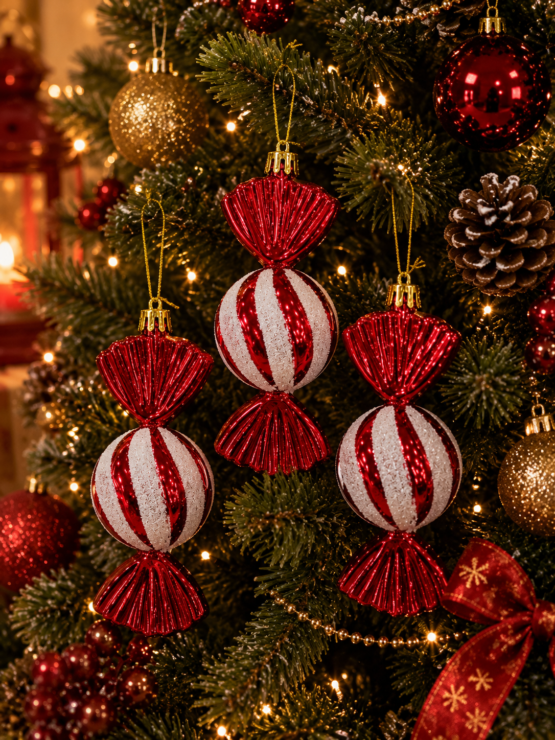 Parti Malzemeleri Yılbaşı Şeker Süsü 3’lü Set Kırmızı Beyaz Şekerleme Noel Çam Ağacı Süsü Dekorasyonu