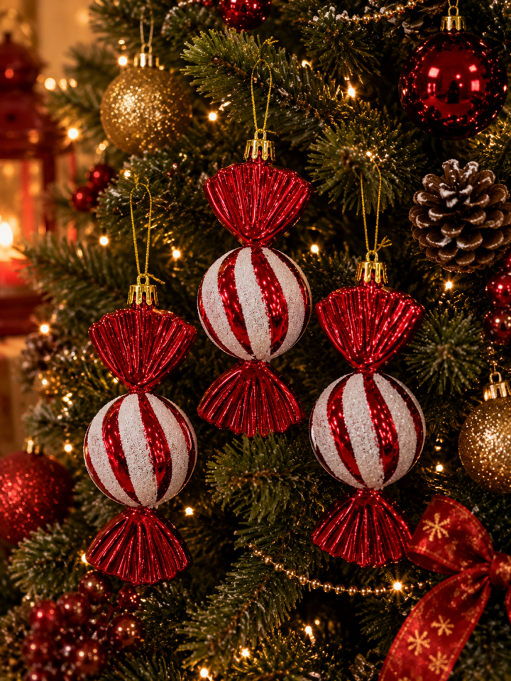 Parti Malzemeleri Yılbaşı Şeker Süsü 3’lü Set Kırmızı Beyaz Şekerleme Noel Çam Ağacı Süsü Dekorasyonu