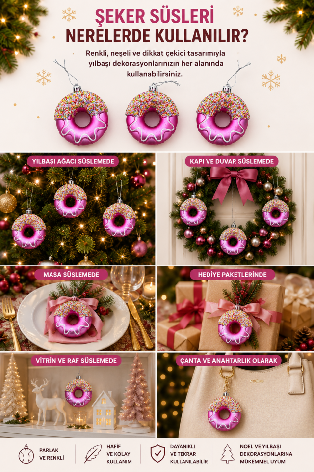 Parti Malzemesi Yılbaşı Donut Süsü 3’lü Set  Donut Figürlü Noel Çam Ağacı Süsü Dekorasyonu Pembe