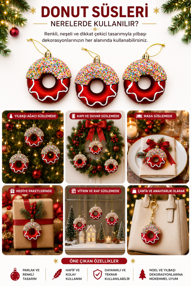 Parti Malzemesi Yılbaşı Donut Süsü 3’lü Set  Donut Figürlü Noel Çam Ağacı Süsü Dekorasyonu Kırmızı