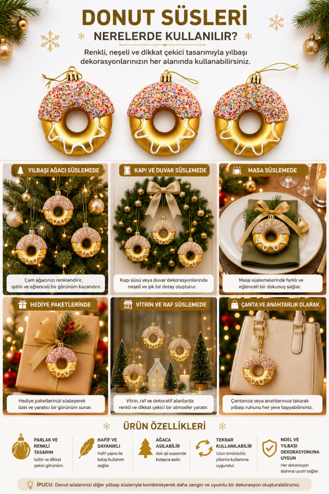 Parti Malzemesi Yılbaşı Donut Süsü 3’lü Set  Donut Figürlü Noel Çam Ağacı Süsü Dekorasyonu Sarı