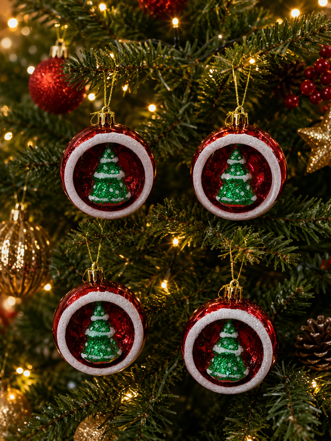 Parti Malzemeleri Yılbaşı Çam Ağacı Süsü Kırmızı Top 4’lü Set Çam Ağacı Figürlü Plastik Noel Ağacı Süsü Dekoratif Askılı