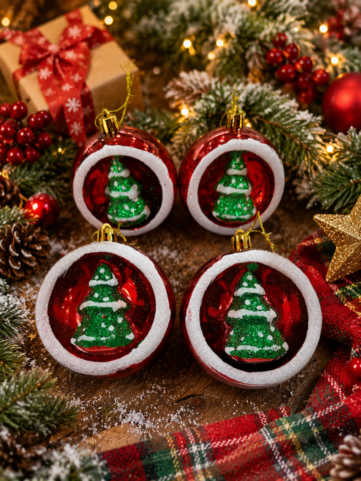 Parti Malzemeleri Yılbaşı Çam Ağacı Süsü Kırmızı Top 4’lü Set Çam Ağacı Figürlü Plastik Noel Ağacı Süsü Dekoratif Askılı