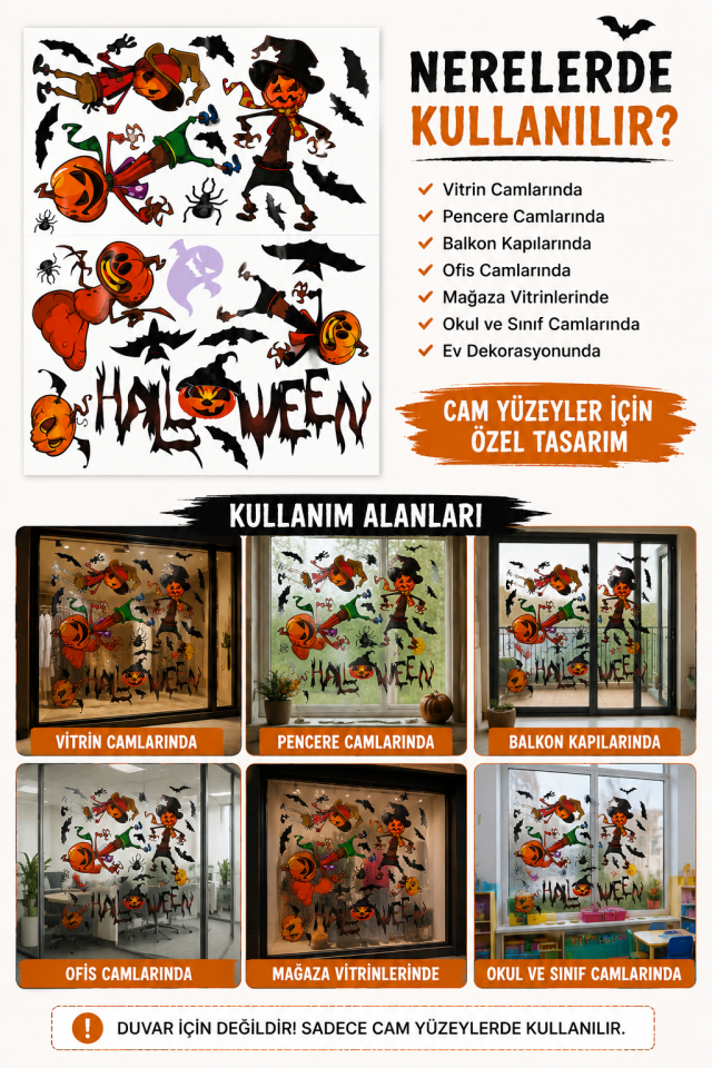 Parti Malzemeleri Halloween Cam Sticker Balkabağı Figürlü Cadılar Bayramı Cam Vitrin Pencere Dekorasyonu Büyük Boy