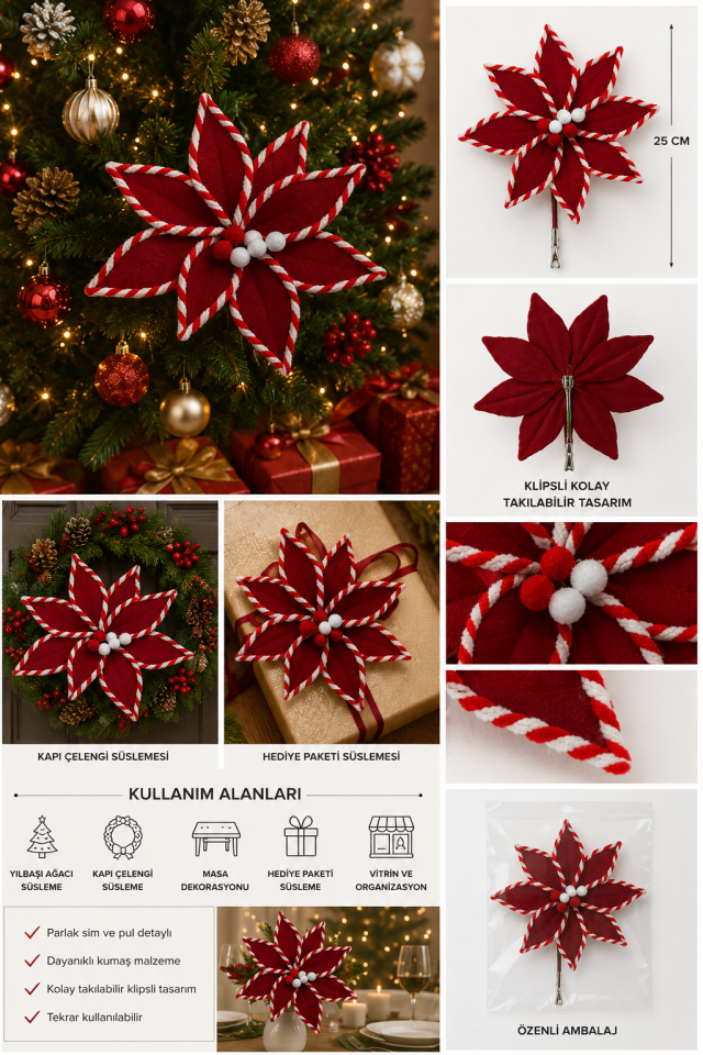 Yılbaşı Çam Ağacı Süsü Altın Simli Dekoratif Ata Çiçek 30 Cm Uzun Saplı Noel Ağacı Dekoru 1 Adet Kırmızı