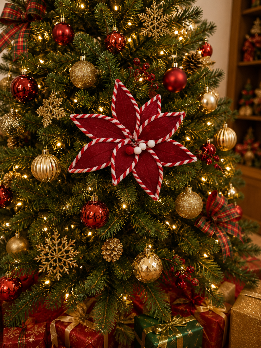 Yılbaşı Çam Ağacı Süsü Altın Simli Dekoratif Ata Çiçek 30 Cm Uzun Saplı Noel Ağacı Dekoru 1 Adet Kırmızı