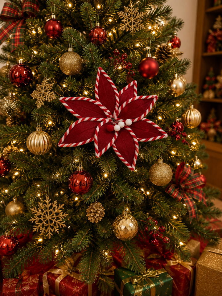 Yılbaşı Çam Ağacı Süsü Altın Simli Dekoratif Ata Çiçek 30 Cm Uzun Saplı Noel Ağacı Dekoru 1 Adet Kırmızı
