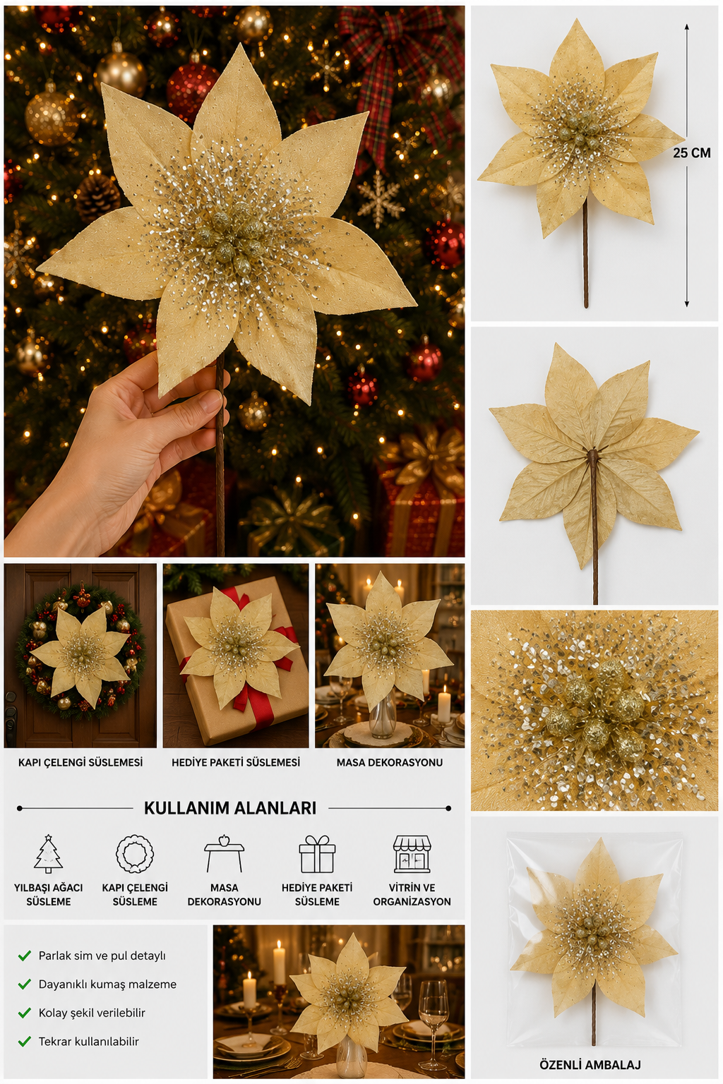Yılbaşı Çam Ağacı Süsü Altın Simli Dekoratif Ata Çiçek 30 Cm Uzun Saplı Noel Ağacı Dekoru 1 Adet Bej
