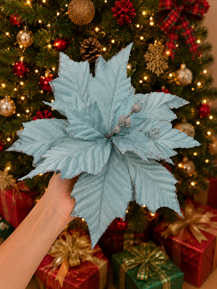 Yılbaşı Çam Ağacı Süsü Altın Simli Dekoratif Ata Çiçek 30 Cm Uzun Saplı Noel Ağacı Dekoru 1 Adet turkuaz