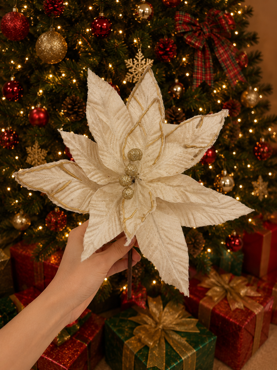 Yılbaşı Çam Ağacı Süsü Altın Simli Dekoratif Ata Çiçek 30 Cm Uzun Saplı Noel Ağacı Dekoru 1 Adet Krem