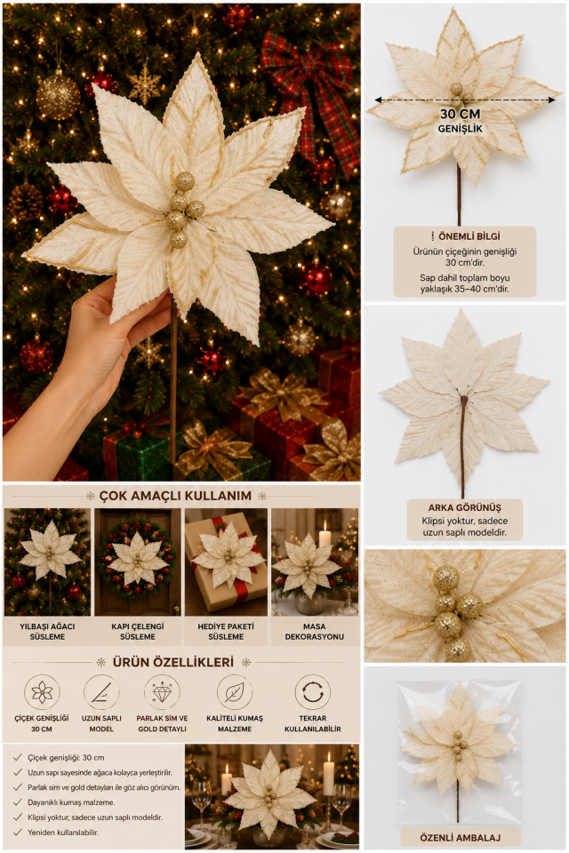 Yılbaşı Çam Ağacı Süsü Altın Simli Dekoratif Ata Çiçek 30 Cm Uzun Saplı Noel Ağacı Dekoru 1 Adet Krem