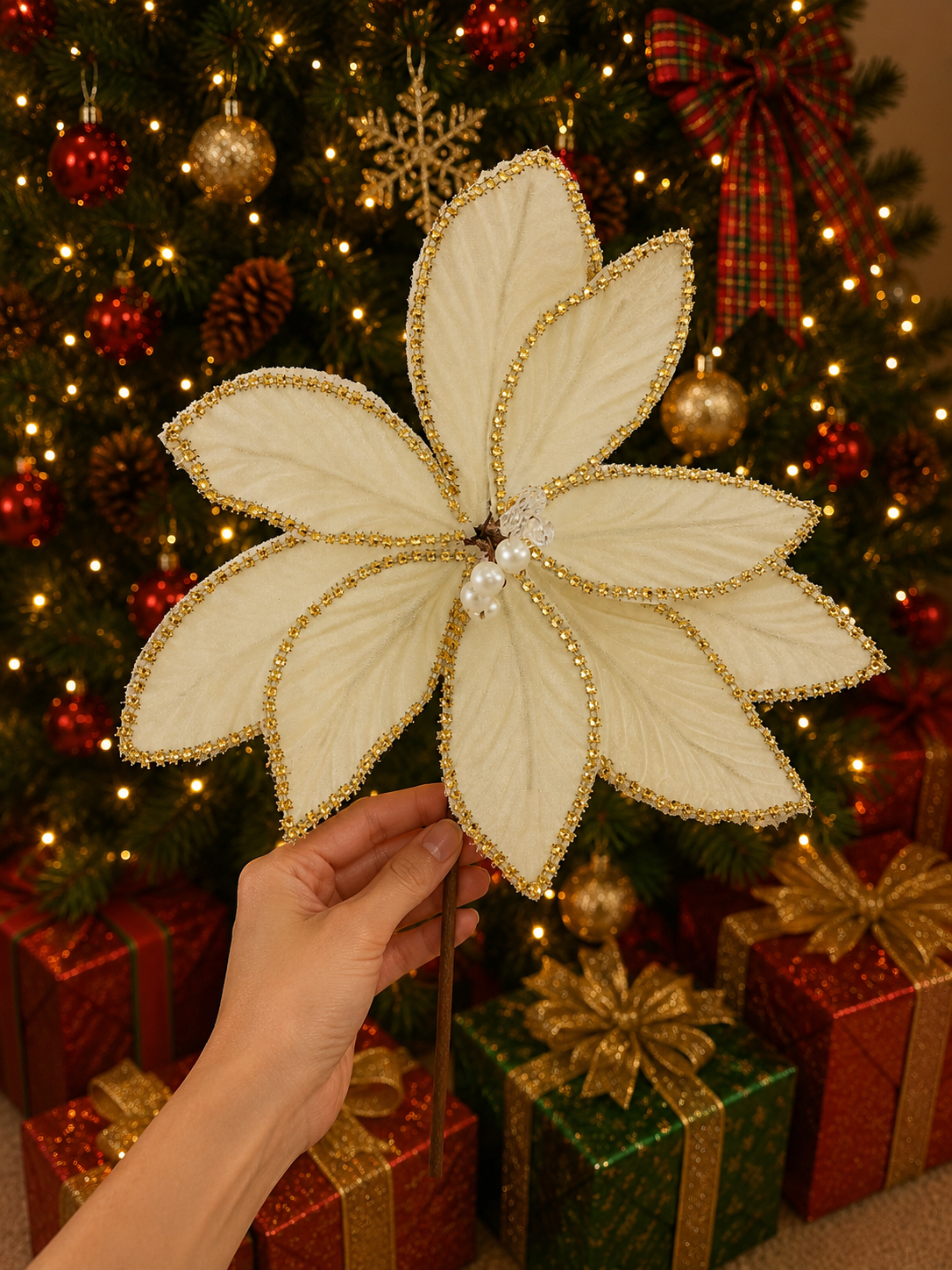 Yılbaşı Çam Ağacı Süsü Altın Simli Dekoratif Ata Çiçek 30 Cm Uzun Saplı Noel Ağacı Dekoru 1 Adet Krem İncili