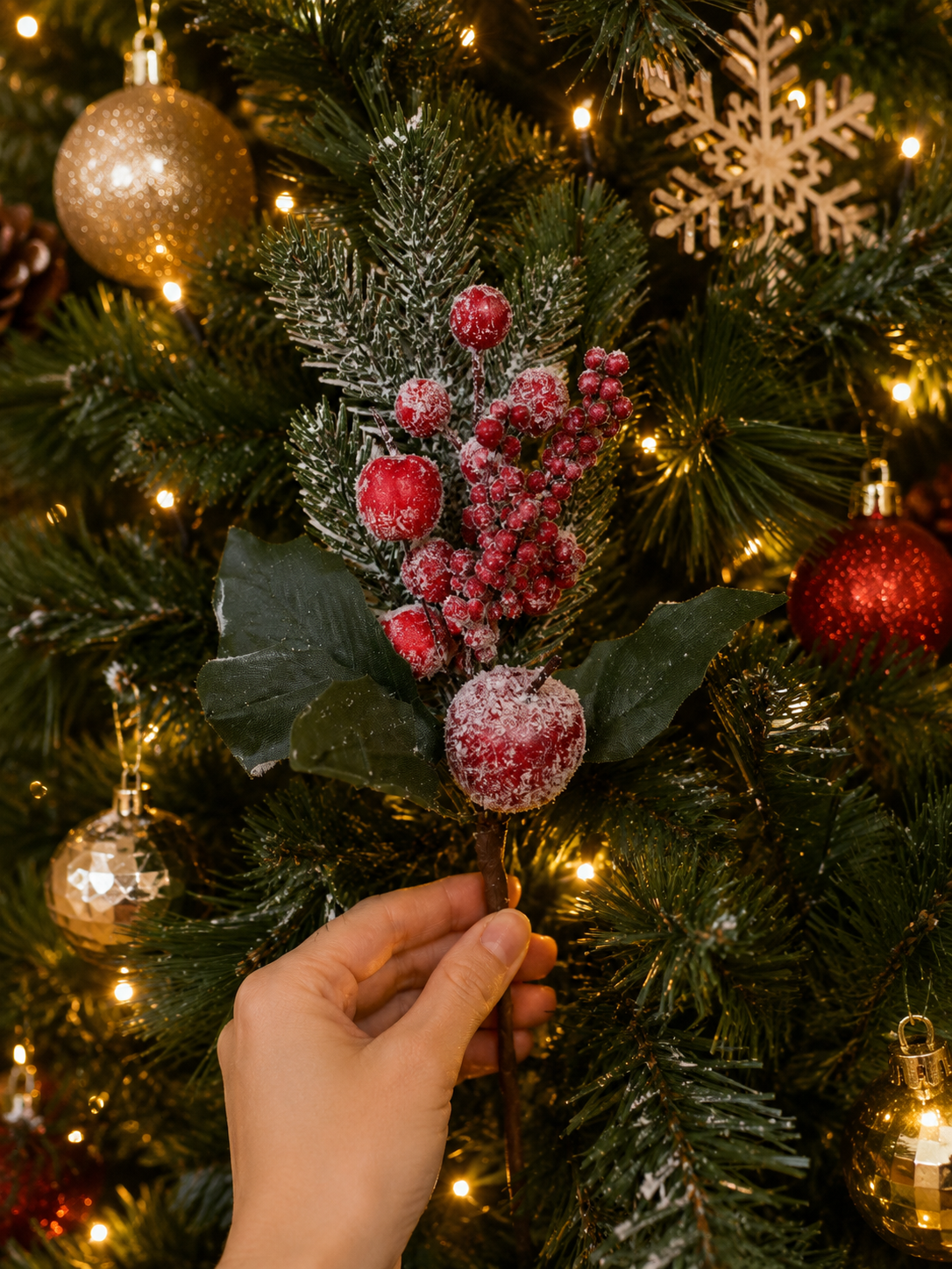 Parti Malzemeleri Yapay Kokina Dalı Karlı Kırmızı Meyveli Yılbaşı Dekor Çiçeği 30 cm Genişlik Noel Ağaç Süsü