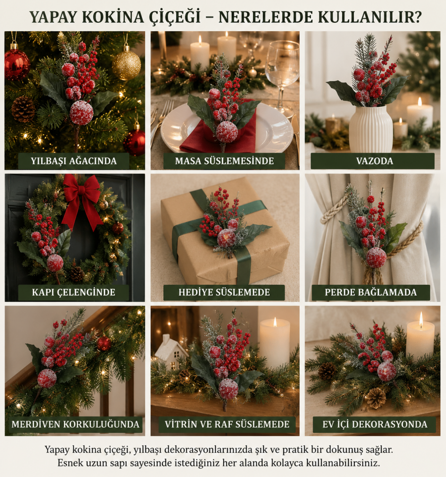 Parti Malzemeleri Yapay Kokina Dalı Karlı Kırmızı Meyveli Yılbaşı Dekor Çiçeği 30 cm Genişlik Noel Ağaç Süsü