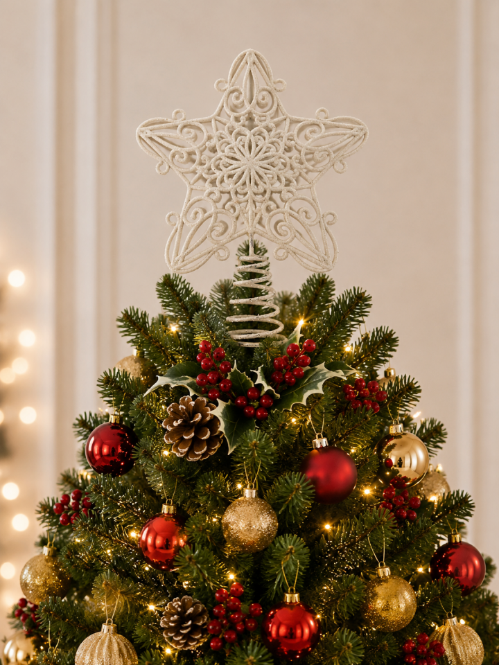 Parti Malzemeleri Yılbaşı Ağacı Tepe Yıldızı Beyaz Simli Dekoratif Ağaç Tepesi Süsü Spiral Geçmeli Noel Ağacı Süsü