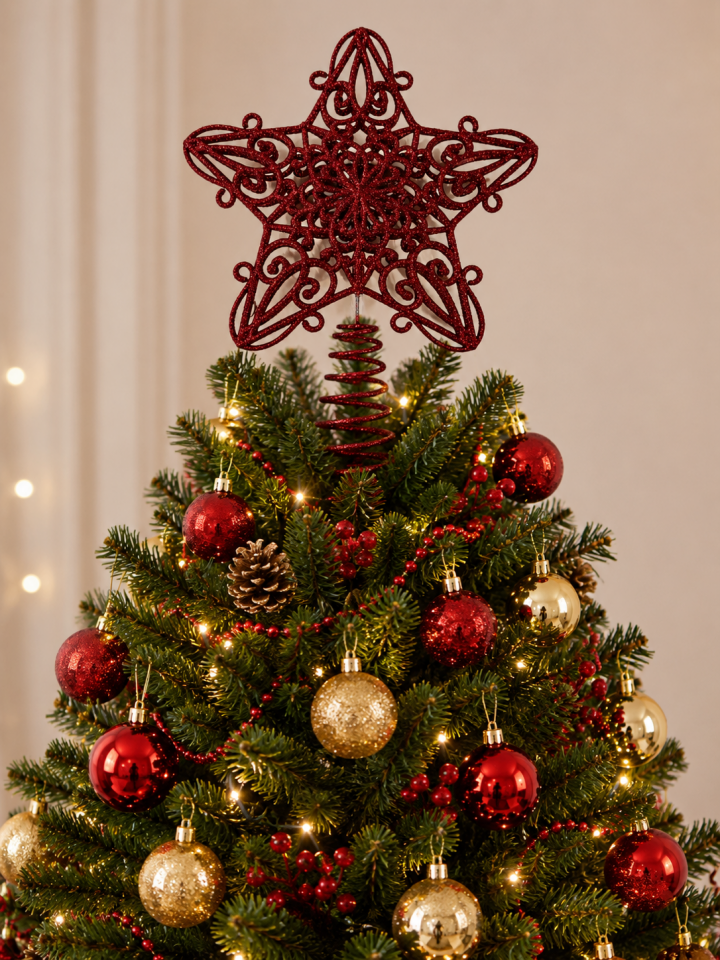Parti Malzemeleri Yılbaşı Ağacı Tepe Yıldızı Beyaz Simli Dekoratif Ağaç Tepesi Süsü Spiral Geçmeli Noel Ağacı Süsü Bordo