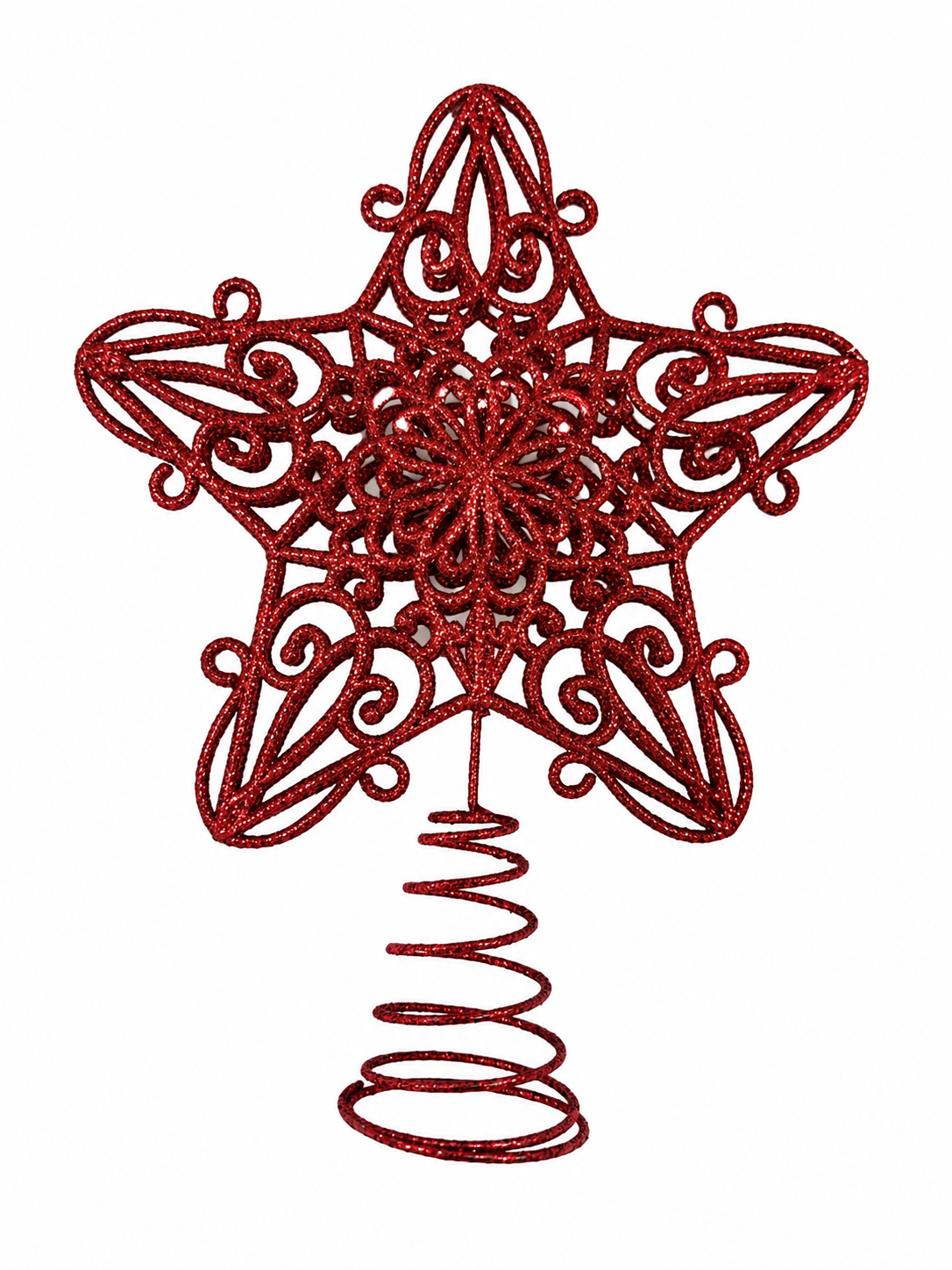 Parti Malzemeleri Yılbaşı Ağacı Tepe Yıldızı Beyaz Simli Dekoratif Ağaç Tepesi Süsü Spiral Geçmeli Noel Ağacı Süsü Bordo