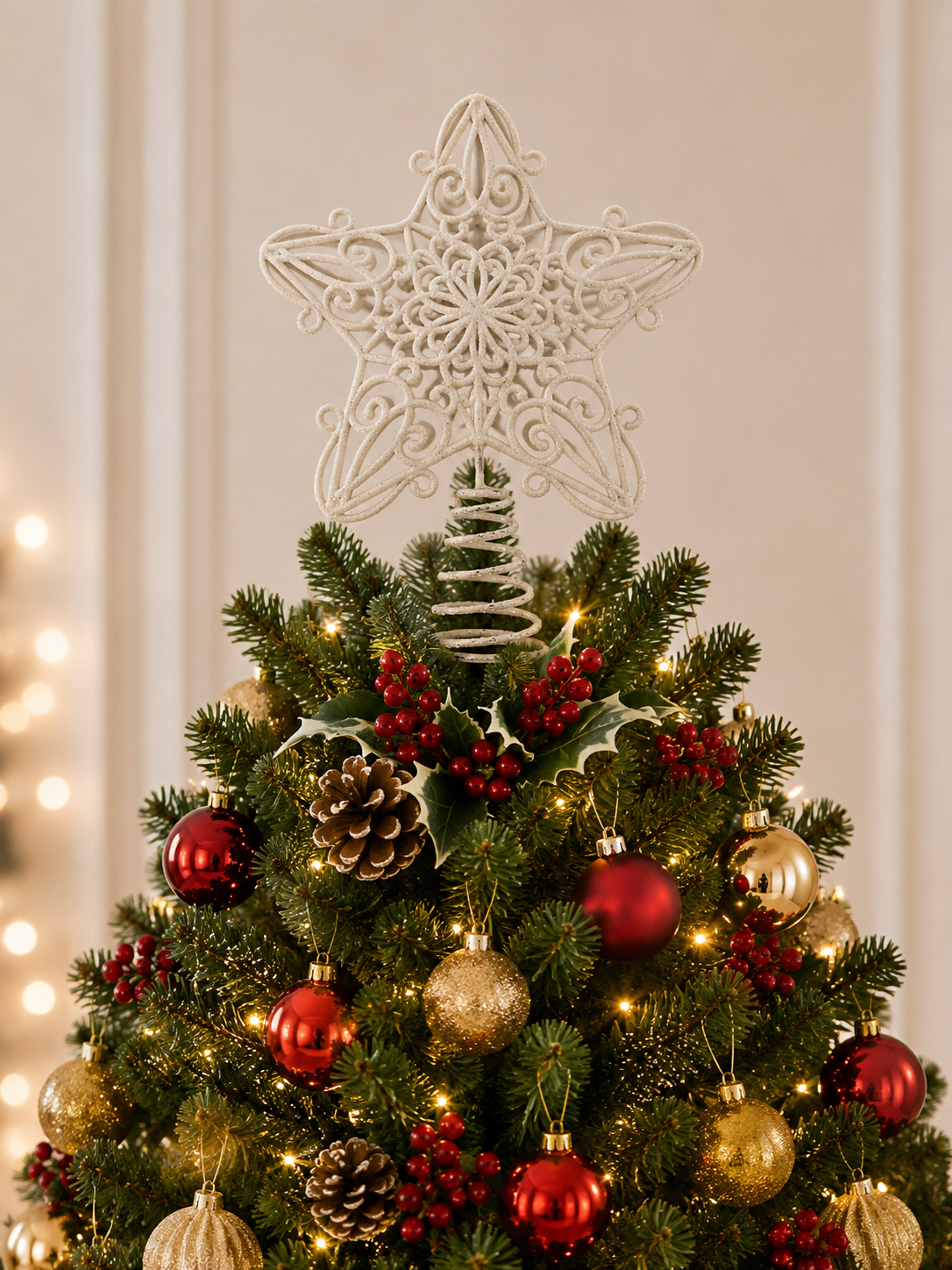 Parti Malzemeleri Yılbaşı Ağacı Tepe Yıldızı Beyaz Simli Dekoratif Ağaç Tepesi Süsü Spiral Geçmeli Noel Ağacı Süsü Krem