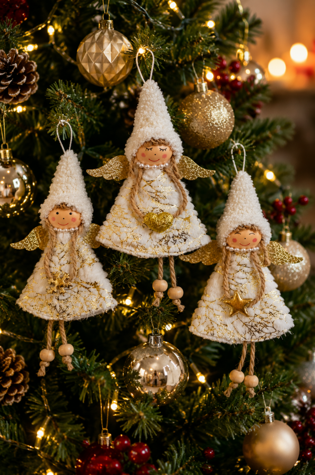 Parti Malzemeleri 21 Cm Asılabilir 3’lü Peluş Yılbaşı Melek Süsü Beyaz Gold Noel Ağacı Süsü Christmas Dekorasyon Süsü