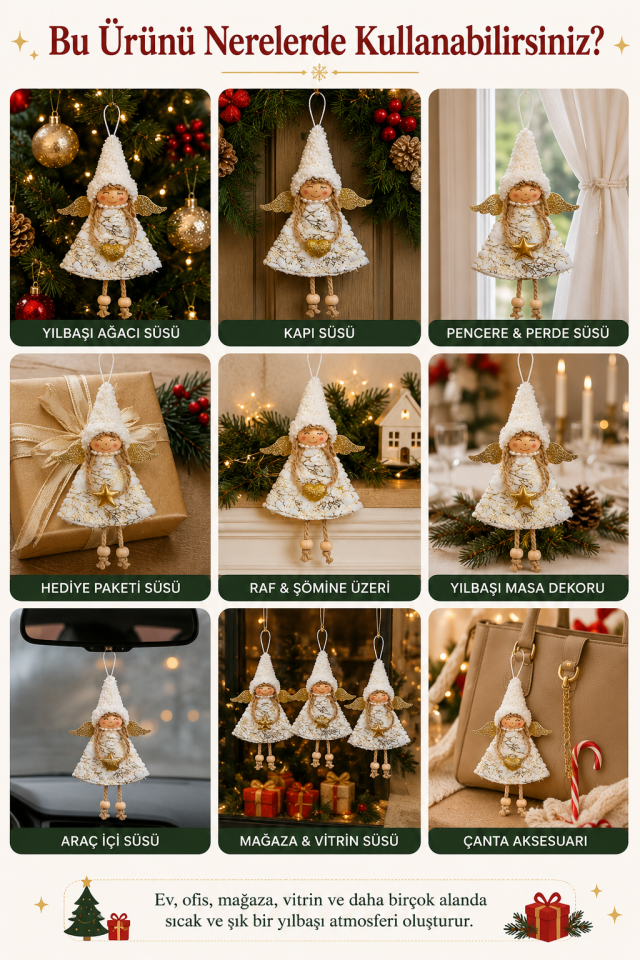 Parti Malzemeleri 21 Cm Asılabilir 3’lü Peluş Yılbaşı Melek Süsü Beyaz Gold Noel Ağacı Süsü Christmas Dekorasyon Süsü