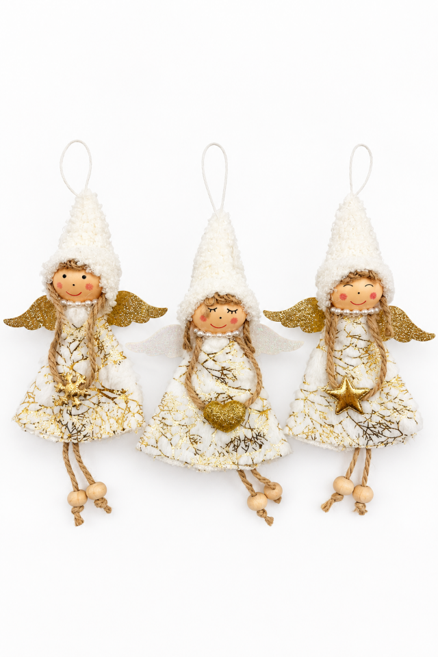 Parti Malzemeleri 21 Cm Asılabilir 3’lü Peluş Yılbaşı Melek Süsü Beyaz Gold Noel Ağacı Süsü Christmas Dekorasyon Süsü