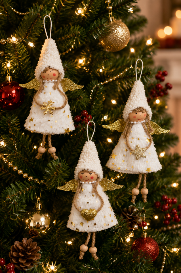 Yılbaşı Melek Süsü 21 cm Askılı Peluş Melek Ağaç Süsü Noel Çam Ağacı Dekoru Beyaz Altın
