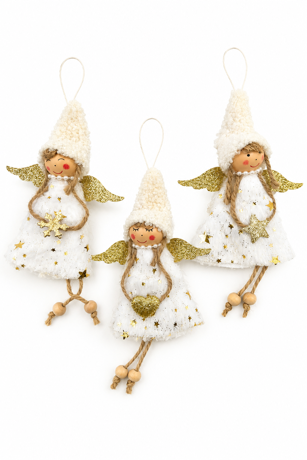 Yılbaşı Melek Süsü 21 cm Askılı Peluş Melek Ağaç Süsü Noel Çam Ağacı Dekoru Beyaz Altın