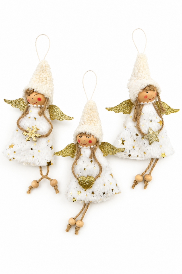 Yılbaşı Melek Süsü 21 cm Askılı Peluş Melek Ağaç Süsü Noel Çam Ağacı Dekoru Beyaz Altın