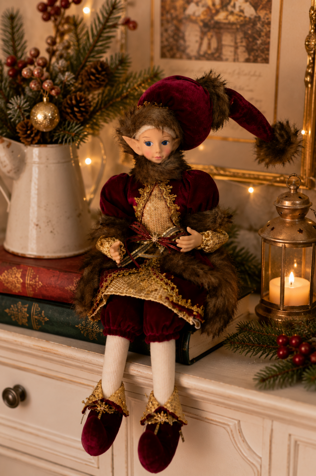 Parti Malzemeleri Yılbaşı Oturan Elf Bebek Figürü 50 cm Noel Dekoratif Cüce Süsü Peluş Bordo Gold