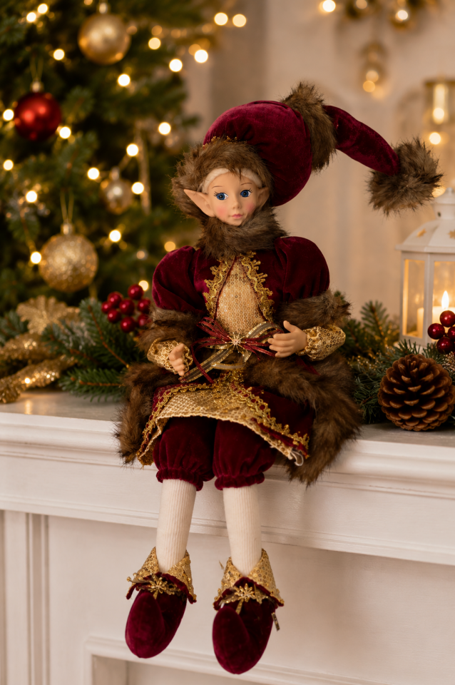 Parti Malzemeleri Yılbaşı Oturan Elf Bebek Figürü 50 cm Noel Dekoratif Cüce Süsü Peluş Bordo Gold