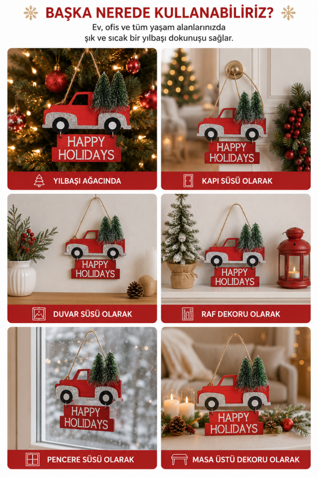 Parti Malzemesi Ahşap Kırmızı Kamyon Yılbaşı Kapı Süsü Happy Holidays Noel Ağacı Askısı Dekor Süsü