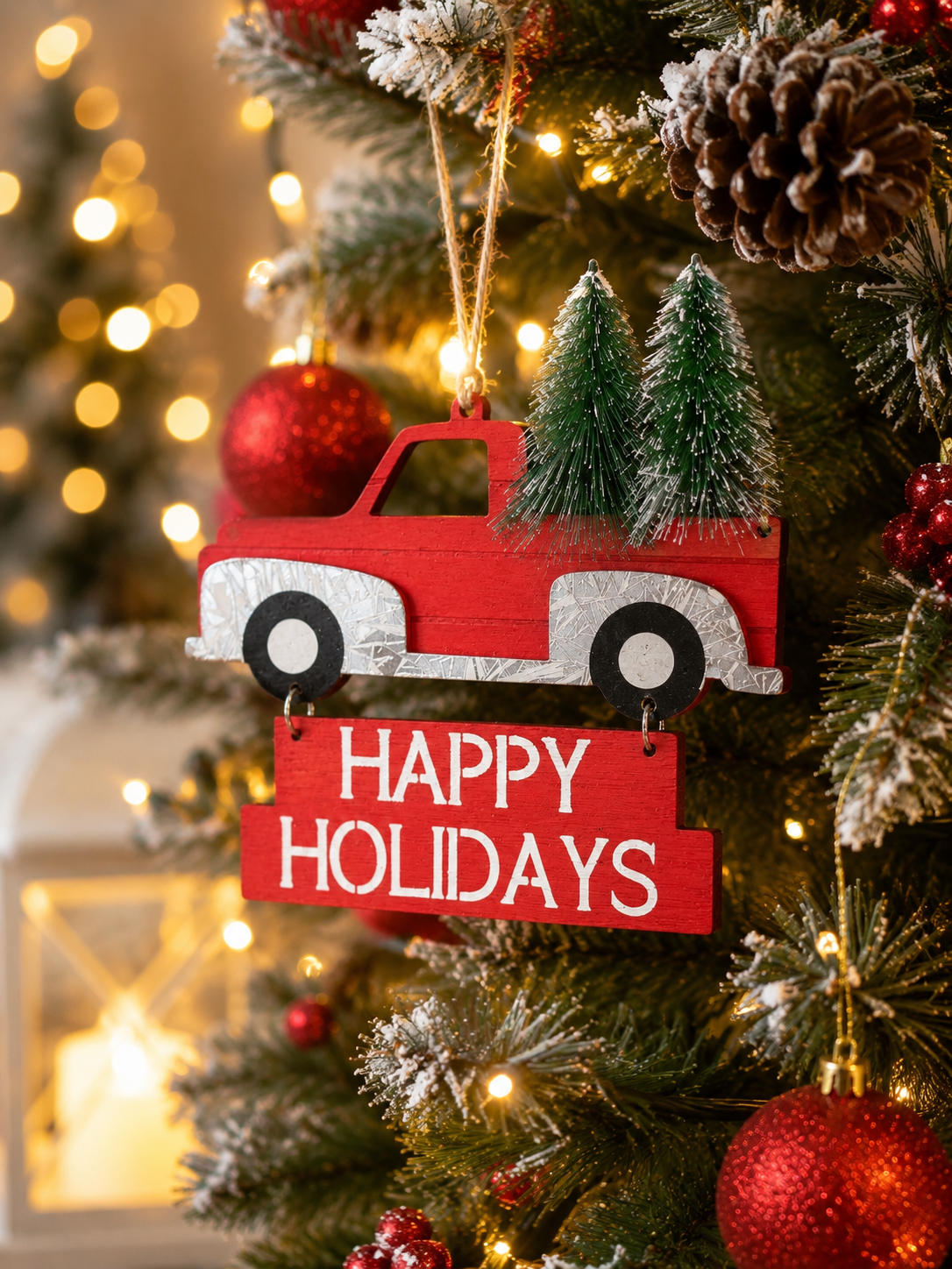 Parti Malzemesi Ahşap Kırmızı Kamyon Yılbaşı Kapı Süsü Happy Holidays Noel Ağacı Askısı Dekor Süsü