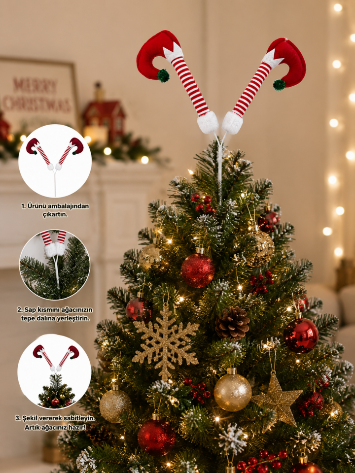 Parti Malzemeleri Yılbaşı Ağacı Tepelik Elf Şans Cücesi  Dekoru Peluş Çift Başlıklı Noel Ağacı Süsü Kırmızı