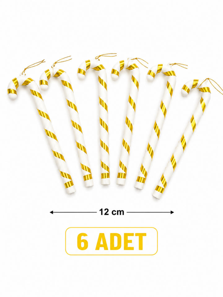 Parti Malzemeleri 12 Cm 6 Adet Baston Şeker Yılbaşı Ağacı Süsü Noel Ağacı Askı Dekoru Sarı