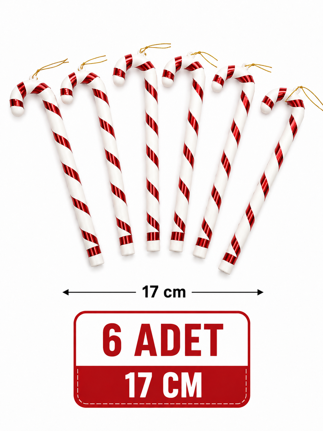 Parti Malzemeleri 17 cm Kırmızı Şeritli Baston Yılbaşı Ağaç Süsü 6’lı Noel Çam Ağacı Asma Dekor Süsü