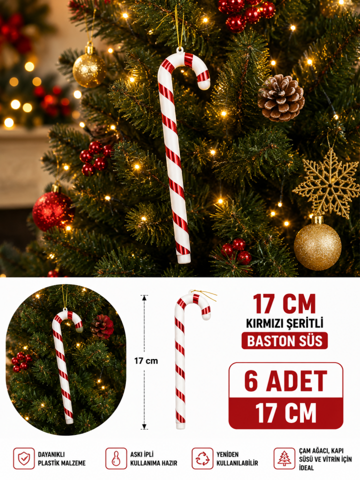 Parti Malzemeleri 17 cm Kırmızı Şeritli Baston Yılbaşı Ağaç Süsü 6’lı Noel Çam Ağacı Asma Dekor Süsü