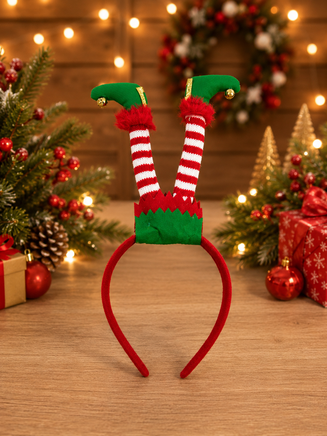 Parti Malzemeleri Yılbaşı Elf Bacaklı Taç 12 cm – Çanlı Noel Parti Tacı Kırmızı Yeşil Yetişkin ve Çocuk Uyumlu