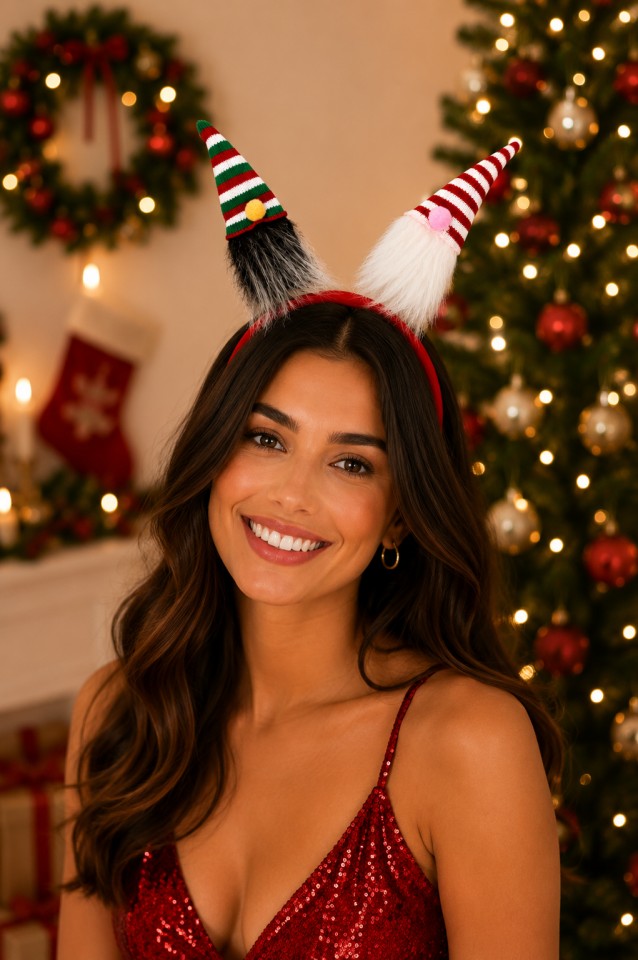 Parti Malzemesi Yılbaşı Cüce Figürlü Taç Noel Parti Tacı Kırmızı Beyaz Peluş Yetişkin ve Çocuk Uyumlu