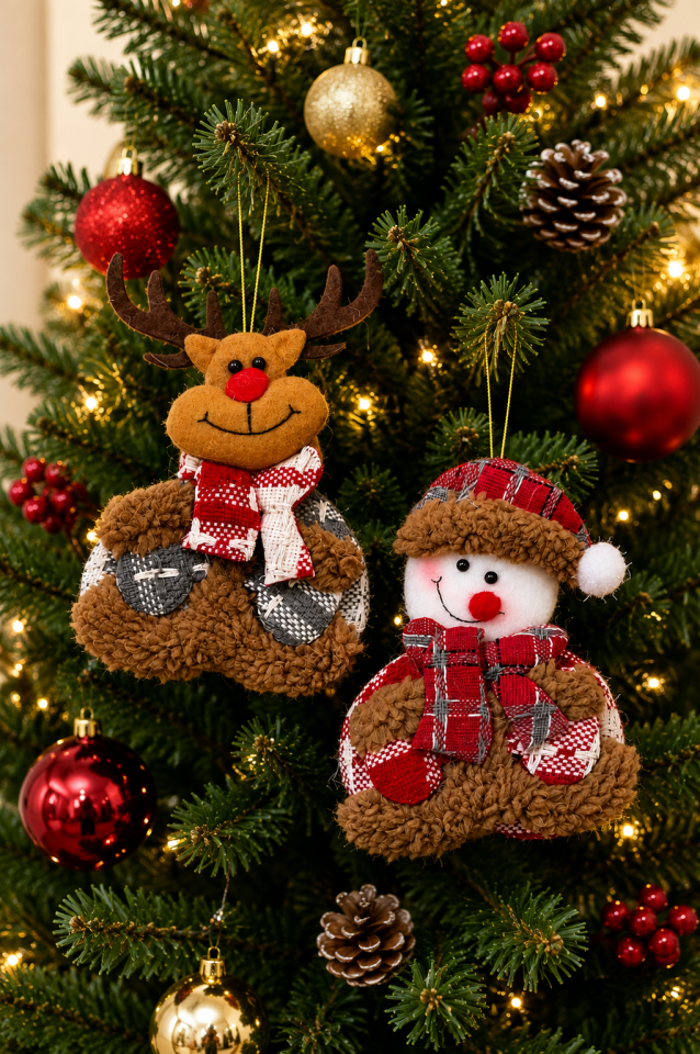 Parti Malzemeleri 12 Cm Yılbaşı Peluş Geyik ve Kardan Adam Ağaç Süsü Asılabilir Keçe Dekor 2’li Set