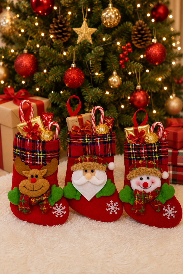 Parti Malzemeleri 15 Cm 3 ‘lü Mini Yılbaşı Çorabı Noel Baba Geyik Kardan Adam Figürlü Asılabilir Dekoratif Ağaç Süsü
