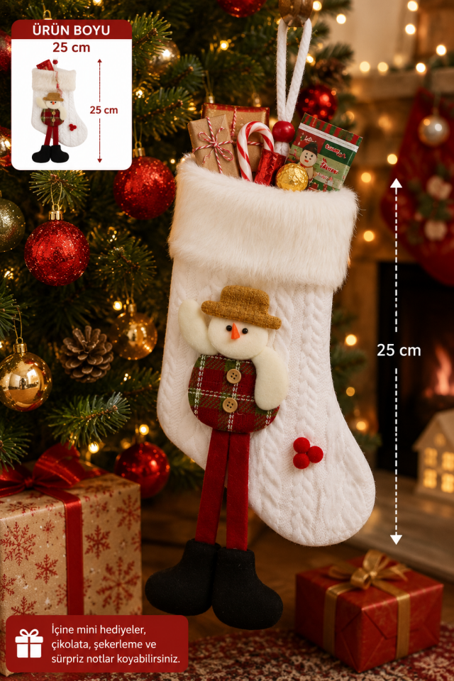 Parti Malzemeleri 25 Cm Peluş Yılbaşı Hediye Çorabı Asılabilir Dekoratif Noel Çorabı kardan adam