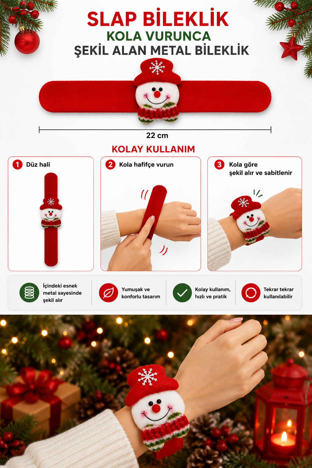 Parti Malzemeleri Yılbaşı Kardan Adam Slap Bileklik Kola Vurunca Şekil Alan Metal Bileklik Peluş Noel Bilekliği Kırmızı