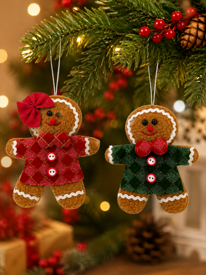 Parti Malzemeleri Yılbaşı Zencefilli Kurabiye Peluş Ağaç Süsü 2’li Set Noel Ağacı Dekoru Asılabilir Dekoratif Süs