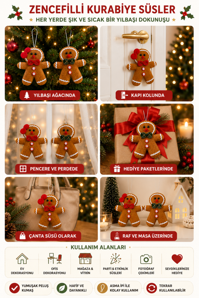 Parti Malzemeleri Yılbaşı Zencefilli Kurabiye Peluş Ağaç Süsü 2’li Set Asılabilir Noel Ağacı Dekoru Gingerbread Dekoratif Süs