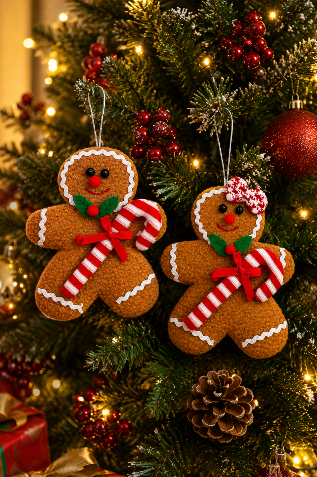 Parti Malzemeleri Yılbaşı Şeker Bastonlu Zencefilli Kurabiye Peluş Ağaç Süsü 2’li Set Noel Ağacı Dekoratif Asılabilir Süs
