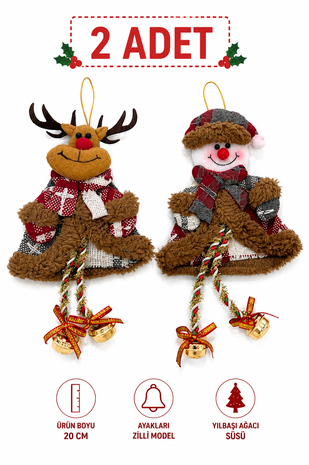 Parti Malzemeleri  20 cm Zilli Yılbaşı Ağaç Süsü 2’li Set Peluş Geyik ve Kardan Adam Noel Ağacı Dekoratif Asılabilir Süs