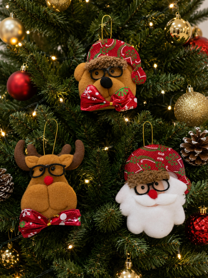 Parti Malzemeleri Yılbaşı Peluş Noel Figürlü Ağaç Süsü 3’lü Set Geyik Ayıcık Noel Baba Asılabilir Dekoratif Süs 11 cm