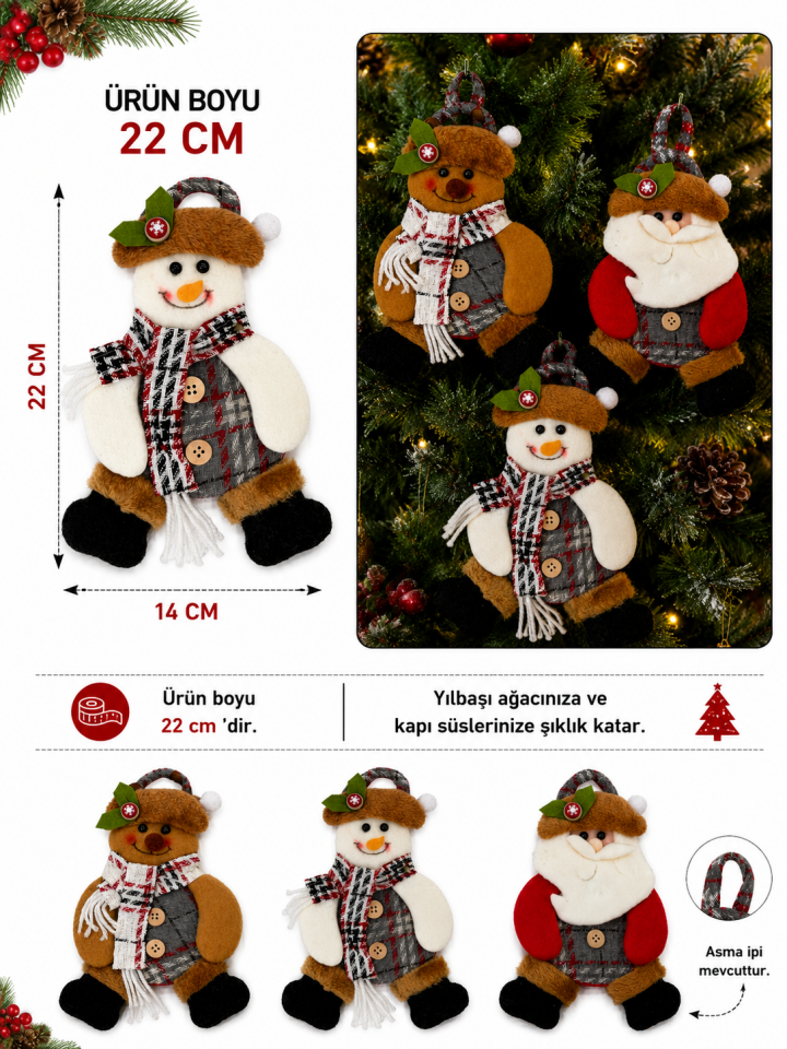 Parti Malzemeleri 22 cm Keçe Yılbaşı Ağacı Süsü Noel Baba Kardan Adam Ayıcık Figürlü Asılabilir Yılbaşı Dekoru
