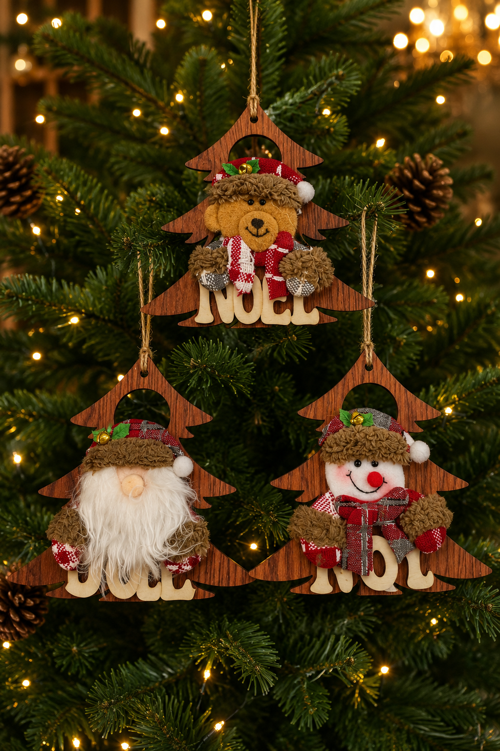 Parti Malzemeleri 3 ‘lü Set  15 Cm Ahşap Keçe Yılbaşı Ağaç Süsü Noel Baba Kardan Adam Ayıcık Figürlü Asılabilir Dekoratif Süs